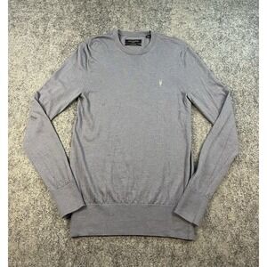 AllSaints Merino Wool Sweater Mens Small Gray Crewneck Skull Logo Jumper Preppy